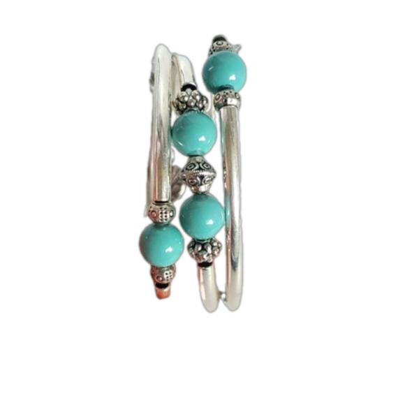 Turquoise Green Boho Beaded Statement 3 coil memory wire cuff bracelet - Picture 3 of 7